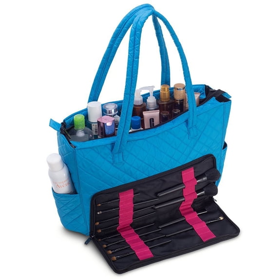 KIOTA Beauty Bag - Ideal for Bottles - Makeup Brush Storage Pocket and Outer Pockets - Quilted Finish Shoulder Bag Cosmetic Organizer - Azure