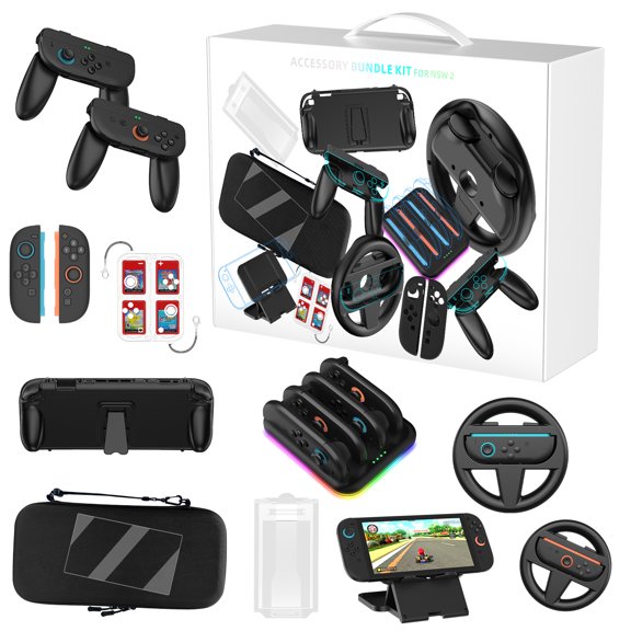 KIPLINK 10-in-1 Ultimate Accessories Kit for Nintendo Switch 2 - Carrying Case, Charging Dock, Racing Wheel, Grips & More