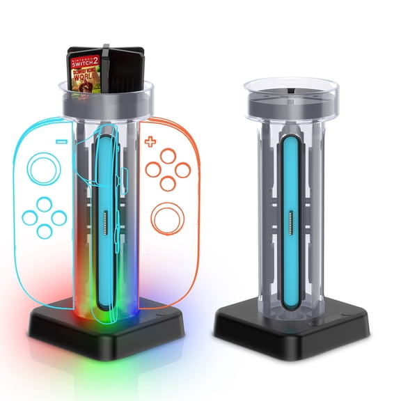 KIPLINK 4-in-1 Charging Dock for Nintendo Switch 2 Joy-Cons - Vertical Stand Charging Station with Dynamic RGB Lights & Game Card Storage