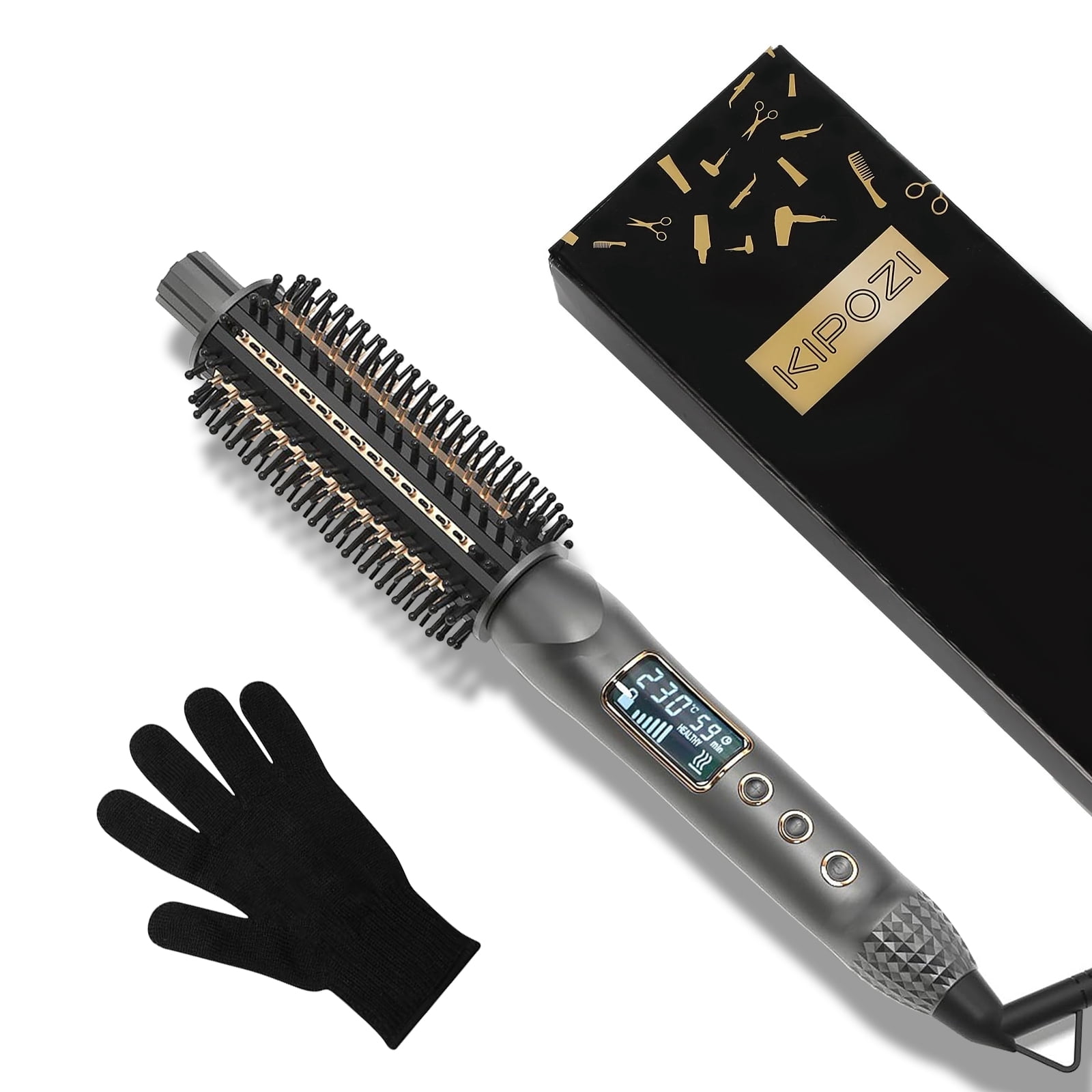 KIPOZI 1.25" Thermal Brush, Curling Iron Brush, Thermal Round Brush, LCD Display with 16 Adjustable Temperature, Auto Shut-Off, Black