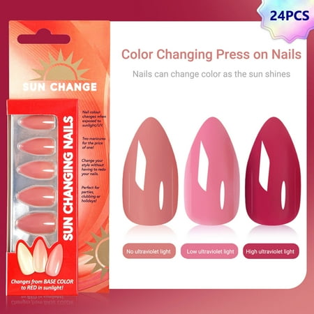 KIPOZI 24 Pcs Color Changing Press on Nails, Almond Sun Change Fake Nails with Ultraviolet Light Color Change, Medium Press on False Nail
