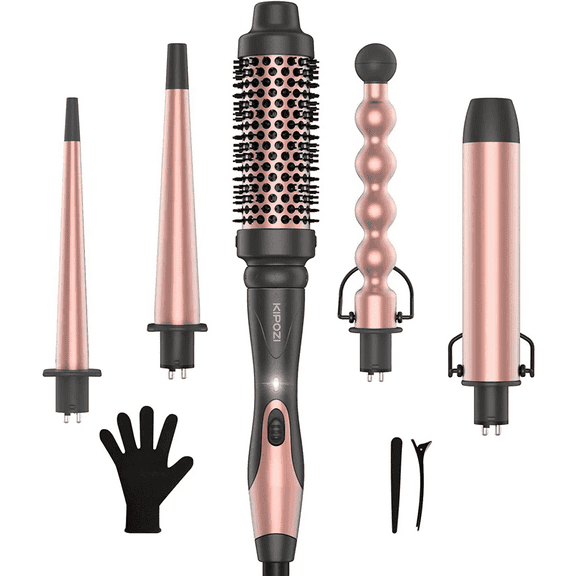 KIPOZI Professional Curling Wand Set, 5-in-1 Multi-Curl Iron with Thermal Brush & 4 Ceramic Attachments, Fast Heat Up for Curly/Wavy Hair, Rose Gold Styling Tool Kit, Gift Ready