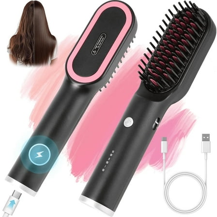 KIPOZI Hair Straightener Brush, Cordless Hair Straightener Brush Portable Hot Comb Straightener, USB Rechargeable & 3 Temp Settings & Anti-Scald, Black