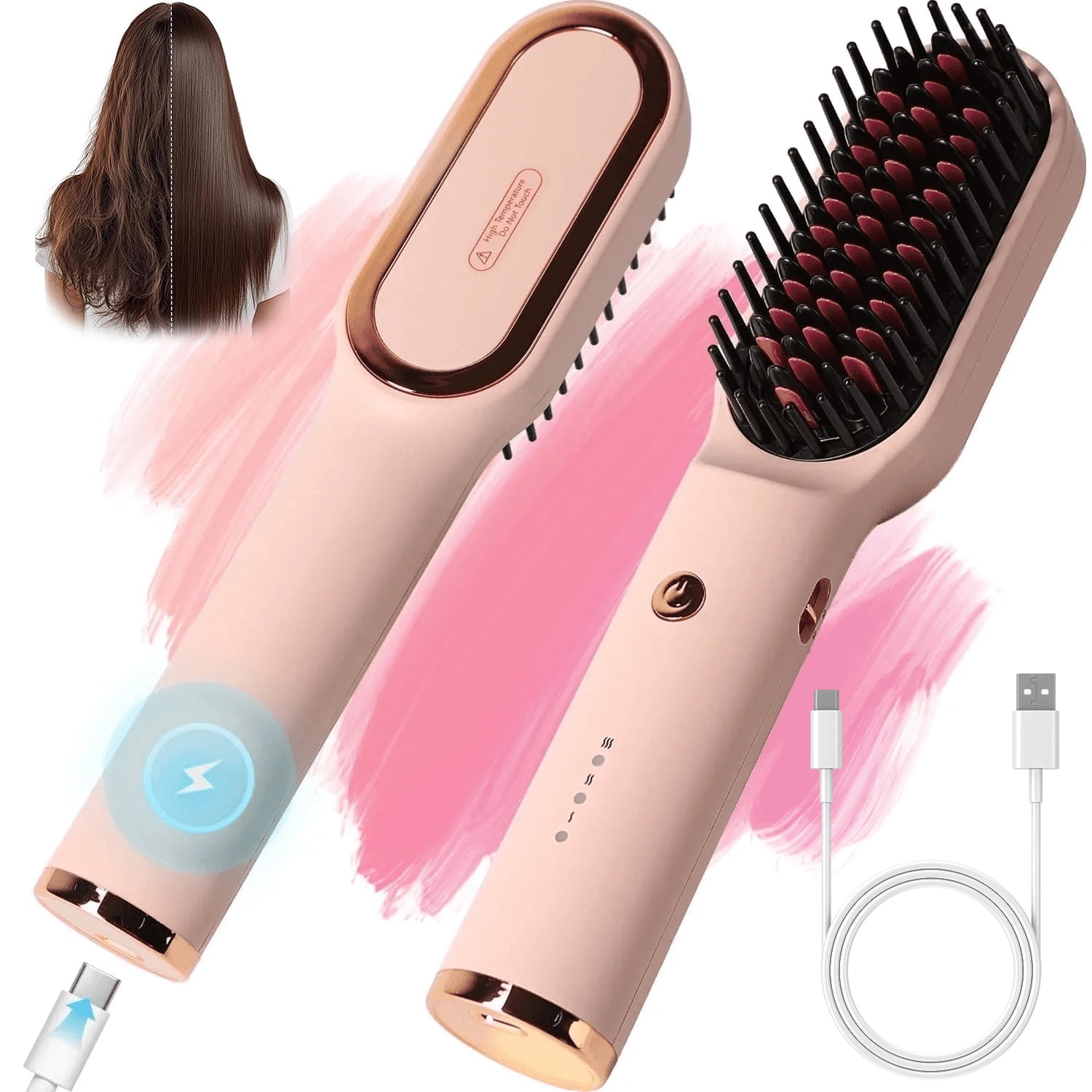 KIPOZI Hair Straightener Brush, Cordless Hair Straightener Brush Portable Hot Comb Straightener, USB Rechargeable & 3 Temp Settings & Anti-Scald, Pink