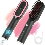 KIPOZI Hair Straightener Brush, Cordless Portable Hot Comb for Travel, Negative Ion Straightening Iron with Built-in Comb, USB Rechargeable & 3 Temp Settings & Anti-Scald, Black