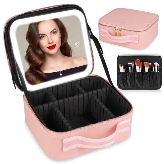 KIPOZI Makeup Bag with LED Mirror, Cosmetic Case Travel Makeup Case for Women, Portable Makeup Artist Organizer Bag with Light up Mirror, 3 Color Lights, Adjustable Dividers and Brush Holder, Pink