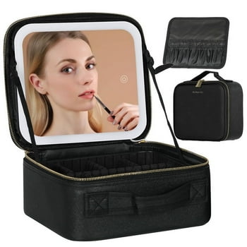 KIPOZI Makeup Bag with LED Mirror, Cosmetic Case Travel Makeup Case for Women, Portable Makeup Artist Organizer Bag with Light up Mirror, 3 Color Lights, Adjustable Dividers and Brush Holder, Black