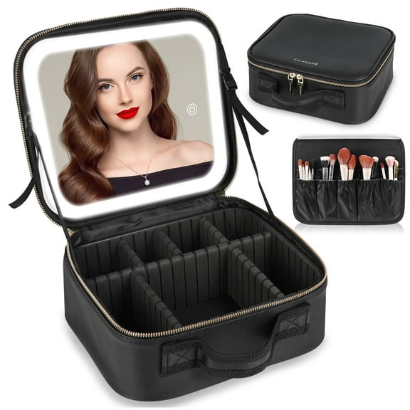 KIPOZI Makeup Bag with LED Mirror, Cosmetic Case Travel Makeup Case for Women, Portable Makeup Artist Organizer Bag with Light up Mirror, 3 Color Lights, Adjustable Dividers and Brush Holder, Black