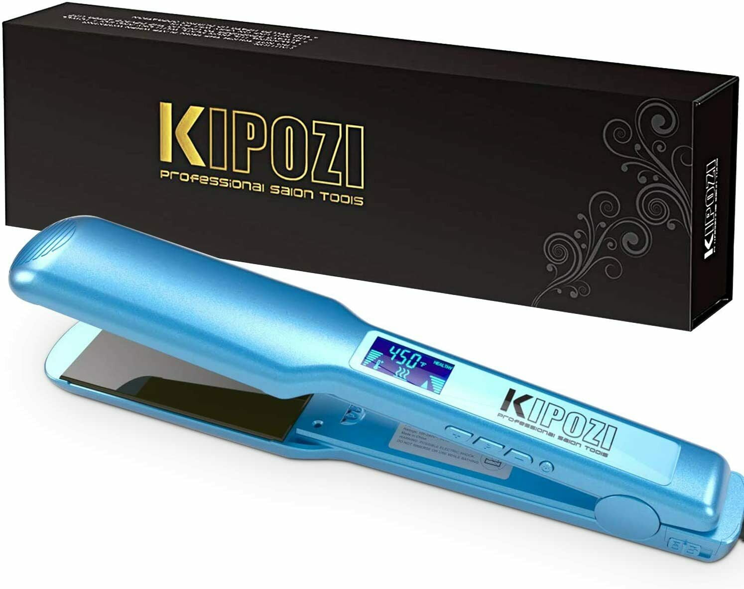KIPOZI Negative Ion Flat Iron, Anti-Static Hair Straightener with 1.75 Inch Floating Titanium Wide Plates, Blue