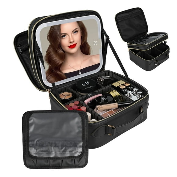 KIPOZI Double Layer Makeup Bag with Detachable LED Mirror, Large Travel Cosmetic Case for Women, Portable Makeup Artist Organizer Bag, 3 Color Lights, Adjustable Dividers and Brush Holder, Black