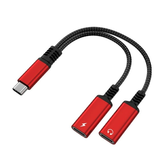 KIQ 2 in 1 USB C to Dual USB C Audio&Charging Braid Cable Adapter-Red