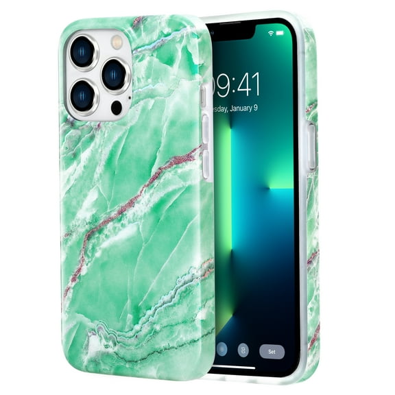 KIQ Cute Marble Series For iPhone 13 / iPhone 13 Pro Case For Women Girls Magnet Compatible With Mag Safe IPhone 6.1 inch 2021 Protective Cover (Holographic Green)