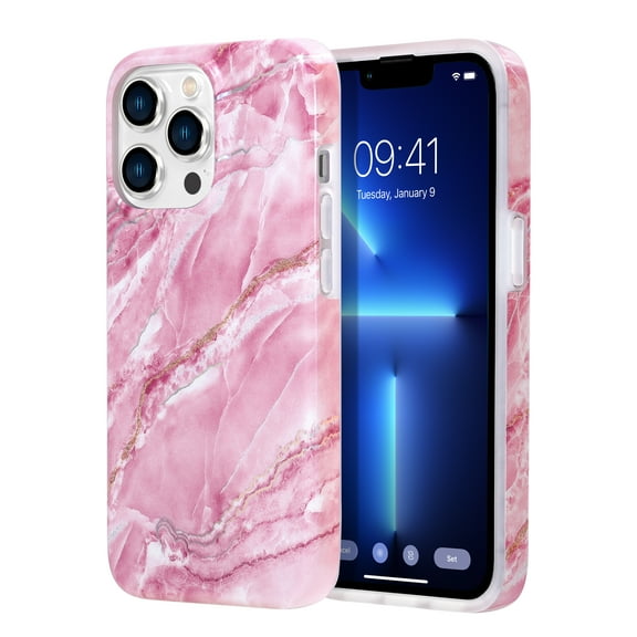 KIQ Cute Marble Series For iPhone 13 Pro Max Case For Women Girls Magnet Compatible With Mag Safe IPhone 6.7 inch 2021 Protective Cover (Holographic Pink)