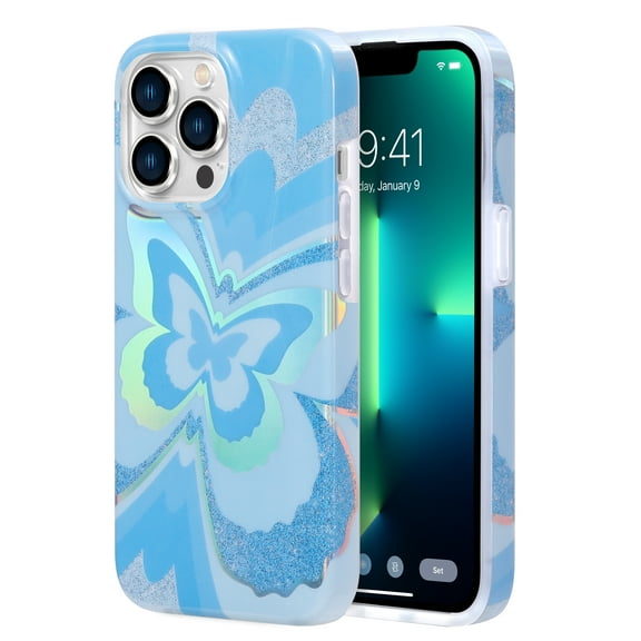 KIQ Cute Series For iPhone 13 Pro Max Case For Women Girls Magnet Compatible With Mag Safe IPhone 6.7 inch 2021 Protective Cover (Holographic Baby Blue Butterfly)