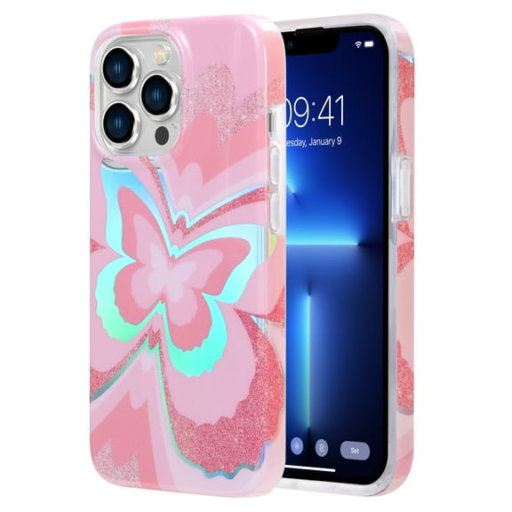 KIQ Cute Series For iPhone 13 Pro Max Case For Women Girls Magnet Compatible With Mag Safe IPhone 6.7 inch 2021 Protective Cover (Holographic Pink Butterly)