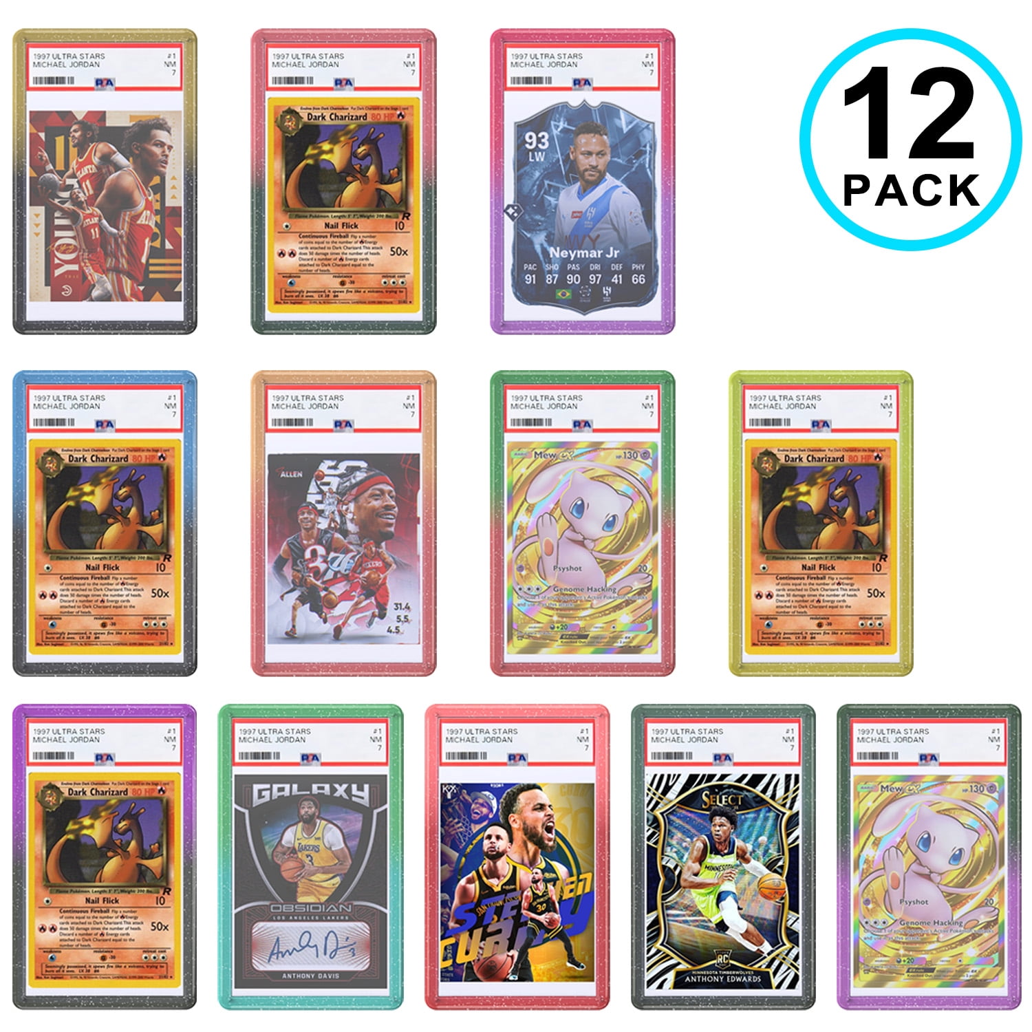 KIQ Flexible TPU Bumper Guard Protector Case Cover Sleeve for PSA Graded Collectible Slabs Trading Cards - EMBEDDED TRANSLUCENT SPARKLE GLITTER DESIGN-12 COLORS SET