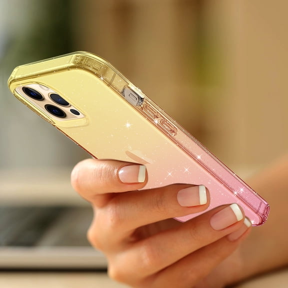 KIQ IPhone 13 Pro Case, Cell Phone Womens Case Cover Gradient Colorful TPU Glitter (Yellow/Pink)