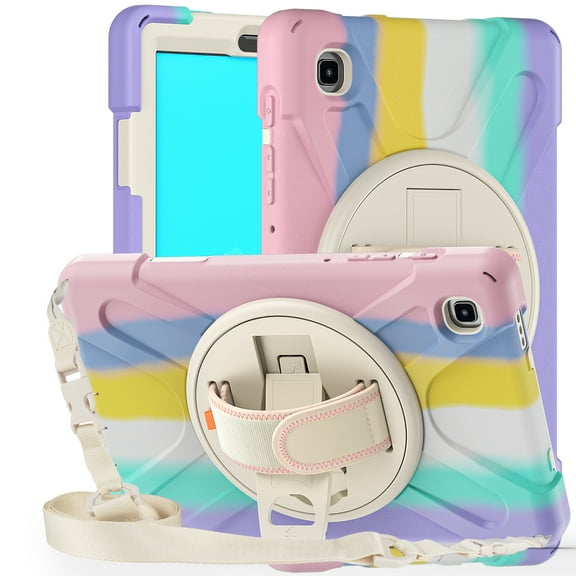 KIQ Samsung Galaxy Tab A7 Lite Case 8.7'' With Screen Protector with Rotating Hand Strap Kickstand Samsung Galaxy Tab A7 Lite Tablet Case Kid Proof 2021 SM-T220/T225/T227 - Pastel Rainbow