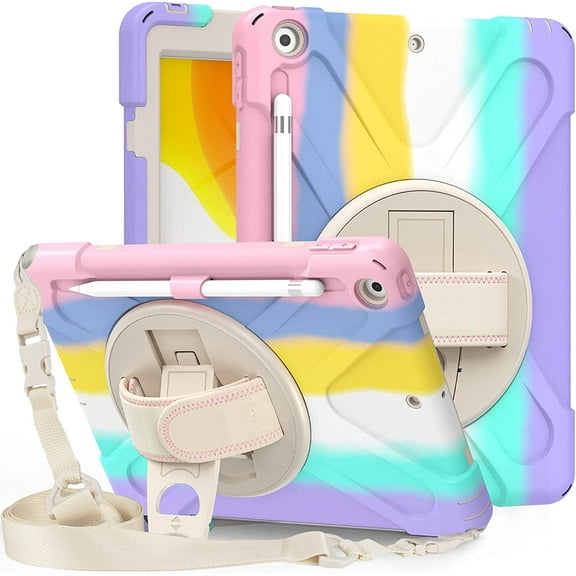 KIQ Shield 10.2 inch iPad Case 9th Generation, iPad 8th & 7th Generation Case 2021/2020/2019, Heavy Duty Rugged Protective Cover for iPad 9 8 7 Gen 10.2 Inch iPad Case for Kids - Pastel Rainbow