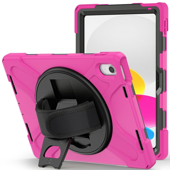 KIQ Shield Case Heavy Duty Rugged Case Cover w/ Hand Strap, Kickstand, AND Shoulder Strap for Apple iPad 11 inch 11th generation A16 2025 / iPad 10.9 inch 10th generation 2022 - Hot Pink