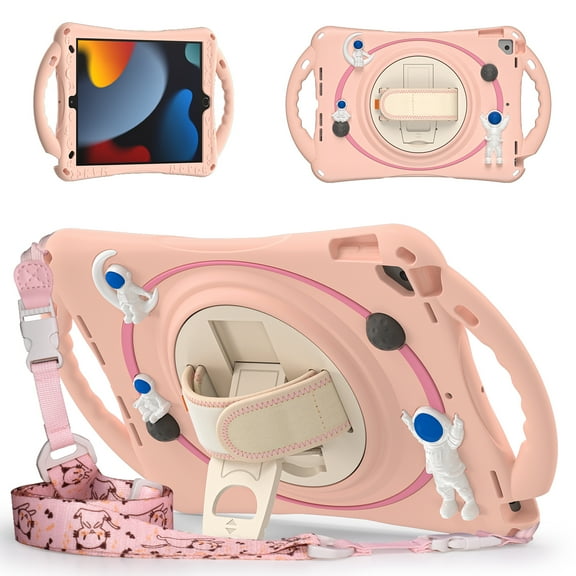KIQ Space Astronaut for iPad 10.2 9th Generation Case Cute Kid-Friendly Handle Stand Shoulder Strap for Apple iPad 10.2 inch 8th 7th Gen/Pro 10.5/Air 10.5 - Pink