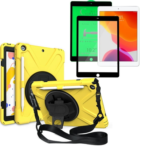 KIQ iPad 10.2 Case, Heavy Duty Shield Case with Shatter Resistant Ceramic Screen Protector for Apple iPad 10.2 7th 8th Gen [Yellow]