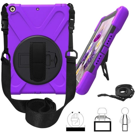 KIQ iPad 9.7 5th 6th Gen Case, Heavy Duty Shield Case Shoulder Strap for Apple iPad 5th 6th Gen 2017 2018 [Purple]
