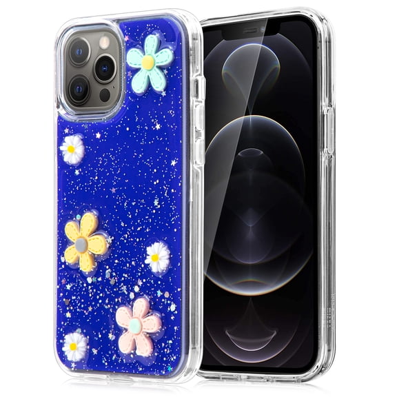 KIQ iPhone 12 Pro Max Case, Soft TPU Material Anti-Scratch Slim Lightweight Protective Daisy Flower with Glitter Case for Apple iPhone 12 Pro Max (Blue)