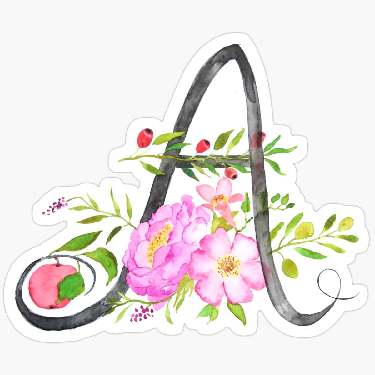 KIRA Letter A Calligraphy Watercolor Flowers Sticker Birthday Gifts ...