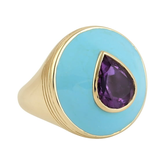 KIRAN FINE JEWEL Bezel Pear Purple Amethyst Statement Ring Yellow Gold Plated 925 Silver Women Gemstone Enamel Statement Jewelry Gift For Her