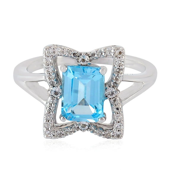 KIRAN FINE JEWEL Emerald Cut Blue Topaz Cocktail Band Ring 925 Silver Wedding Anniversary Engagement Women Gemstone Statement Jewelry Gift For Her