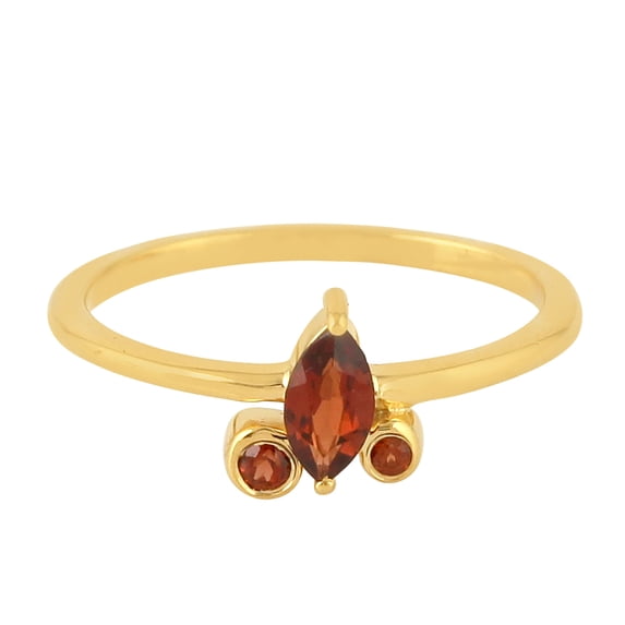 KIRAN FINE JEWEL Marquise Red Garnet Three Stone Stackable Ring Yellow Gold Plated 925 Silver Wedding Band Ring Statement Jewelry Gift For Her