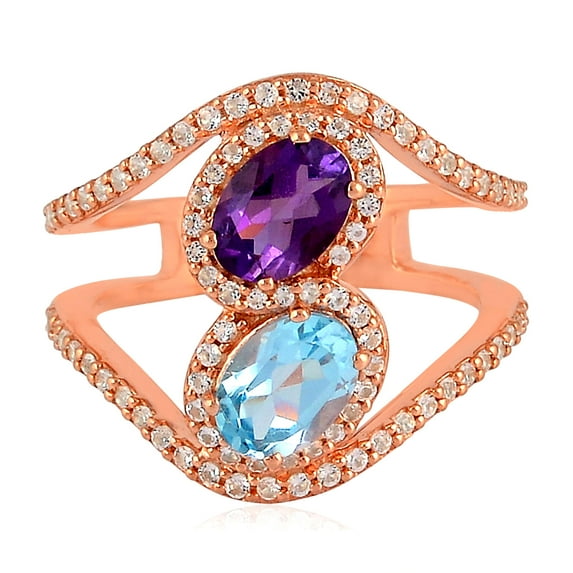 KIRAN FINE JEWEL Oval Blue Topaz Amethyst Cocktail Band Ring Rose Gold Plated 925 Silver Wedding Women Gemstone Statement Jewelry Gift For Her