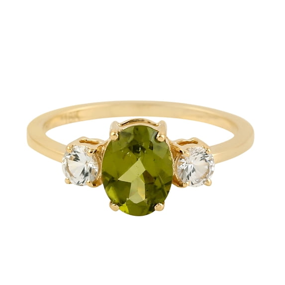 KIRAN FINE JEWEL Oval Green Peridot Sapphire Three Stone Ring Yellow Gold Plated 925 Silver Wedding Band Ring Statement Jewelry Gift For Her