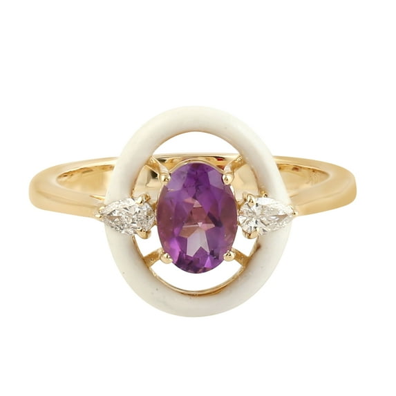 KIRAN FINE JEWEL Oval Purple Amethyst CZ Diamond Cocktail Band Ring Yellow Gold Plated 925 Silver Gemstone Enamel Statement Jewelry Gift For Her