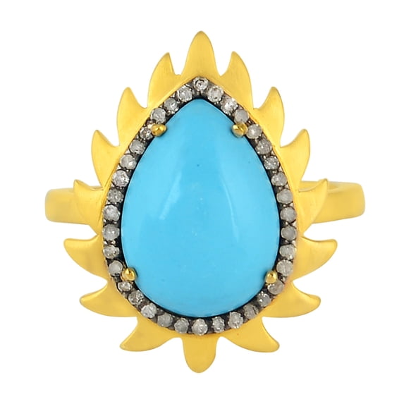 KIRAN FINE JEWEL Pear Blue Turquoise CZ Diamond Cocktail Band Ring Yellow Gold Plated 925 Silver Wedding Gemstone Statement Jewelry Gift For Her