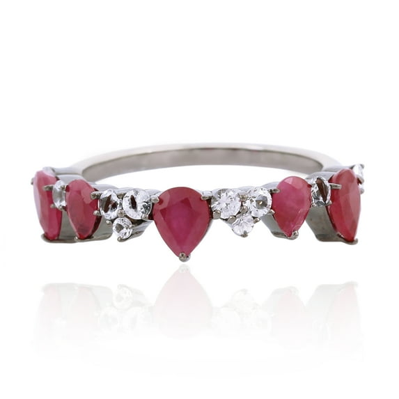 KIRAN FINE JEWEL Pear Pink Ruby Sapphire Band Ring Oxidized 925 Sterling Silver Anniversary Women Gemstone Statement Jewelry Gift For Her