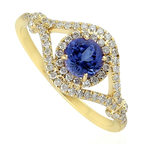 KIRAN FINE JEWEL Round Blue Tanzanite CZ Diamond Cocktail Band Ring Yellow Gold Plated 925 Silver Wedding Gemstone Statement Jewelry Gift For Her