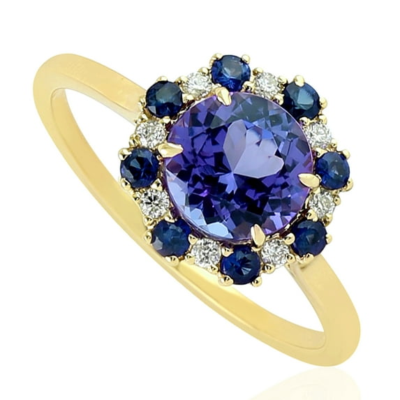 KIRAN FINE JEWEL Round Blue Tanzanite Sapphire Cocktail Band Ring Yellow Gold Plated 925 Silver Wedding Women Gemstone Statement Jewelry Gift For Her