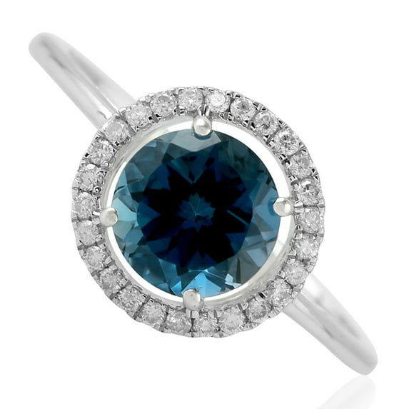 KIRAN FINE JEWEL Round Blue Topaz CZ Diamond Solitaire with Accents Ring 925 Silver Wedding Women Gemstone Statement Jewelry Gift For Her