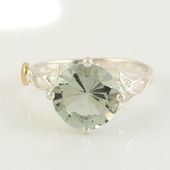 KIRAN FINE JEWEL Round Green Amethyst Solitaire Ring Yellow Gold Plated 925 Silver Anniversary Women Gemstone Statement Jewelry Gift For Her