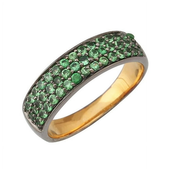 KIRAN FINE JEWEL Round Green Tsavorite Eternity Ring Oxidized 925 Sterling Silver Wedding Engagement Band Ring Statement Jewelry Gift For Her