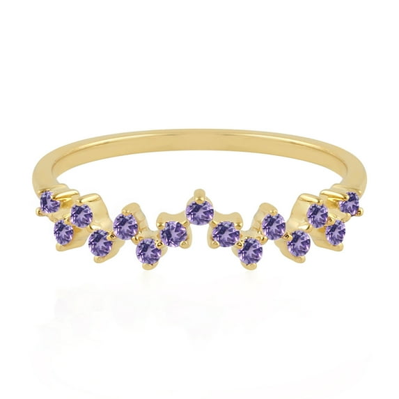 KIRAN FINE JEWEL Round Purple Amethyst Zigzag Band Ring Yellow Gold Plated 925 Silver Wedding Women Gemstone Statement Jewelry Gift For Her