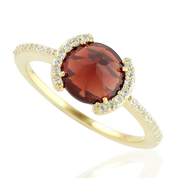 KIRAN FINE JEWEL Round Red Garnet Topaz Cocktail Band Ring Yellow Gold Plated 925 Silver Wedding Women Gemstone Statement Jewelry Gift For Her
