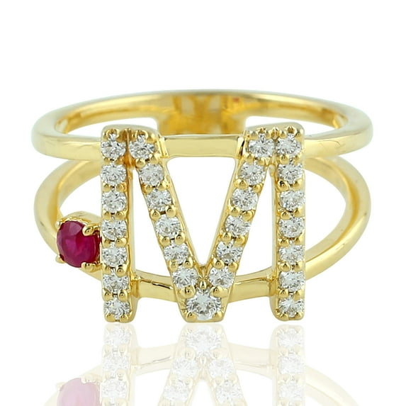 KIRAN FINE JEWEL Round Red Ruby CZ Diamond Alphabet Statement Ring Yellow Gold Plated 925 Silver Wedding Gemstone Statement Jewelry Gift For Her