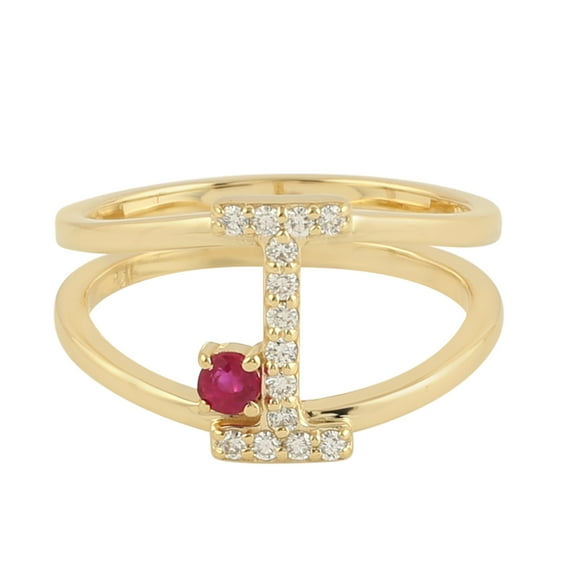 KIRAN FINE JEWEL Round Red Ruby CZ Diamond Alphabet Statement Ring Yellow Gold Plated 925 Silver Women Gemstone Statement Jewelry Gift For Her