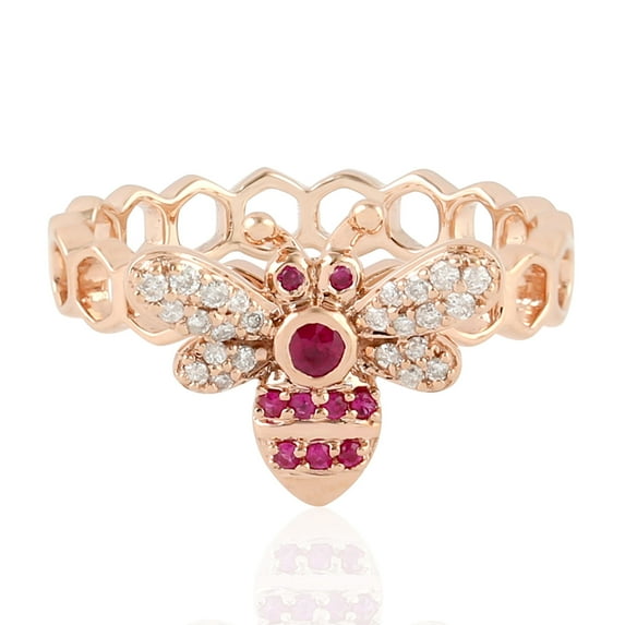 KIRAN FINE JEWEL Round Red Ruby CZ Diamond Honey Bee Band Ring Rose Gold Plated 925 Silver Wedding Women Gemstone Statement Jewelry Gift For Her