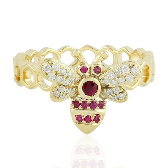 KIRAN FINE JEWEL Round Red Ruby CZ Diamond Honey Bee Band Ring Yellow Gold Plated 925 Silver Wedding Gemstone Statement Jewelry Gift For Her