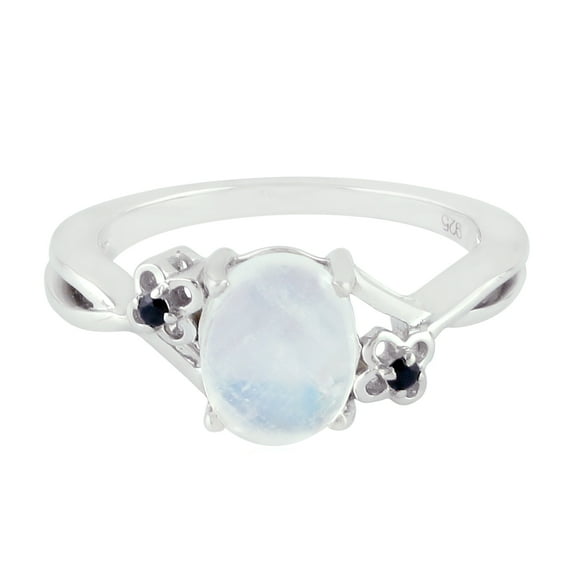KIRAN FINE JEWEL Round White Moonstone Spinel Three Stone Ring 925 Silver Wedding Anniversary Engagement Band Ring Statement Jewelry Gift For Her