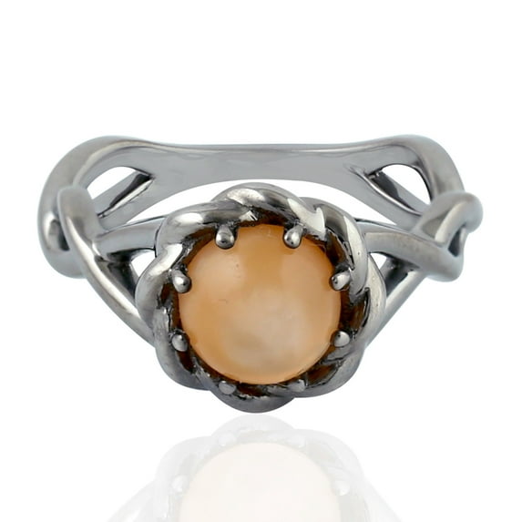 KIRAN FINE JEWEL Round Yellow Moonstone Cocktail Band Ring Oxidized 925 Sterling Silver Wedding Women Gemstone Statement Jewelry Gift For Her